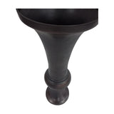 Libra Interiors Trumpet aluminium floor vase in antique bronze, showing the flared top, turned baluster stem and rounded footed base on a white background.