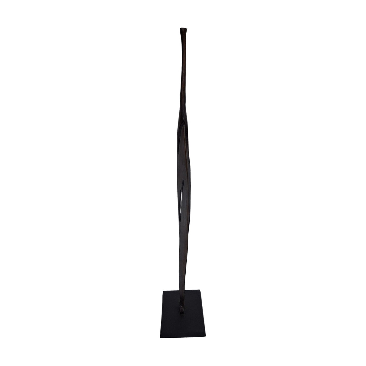 Libra Interiors Twisting Leaf tall abstract aluminium sculpture in bronze finish with organic cut-outs on a square base, shown against a white background.