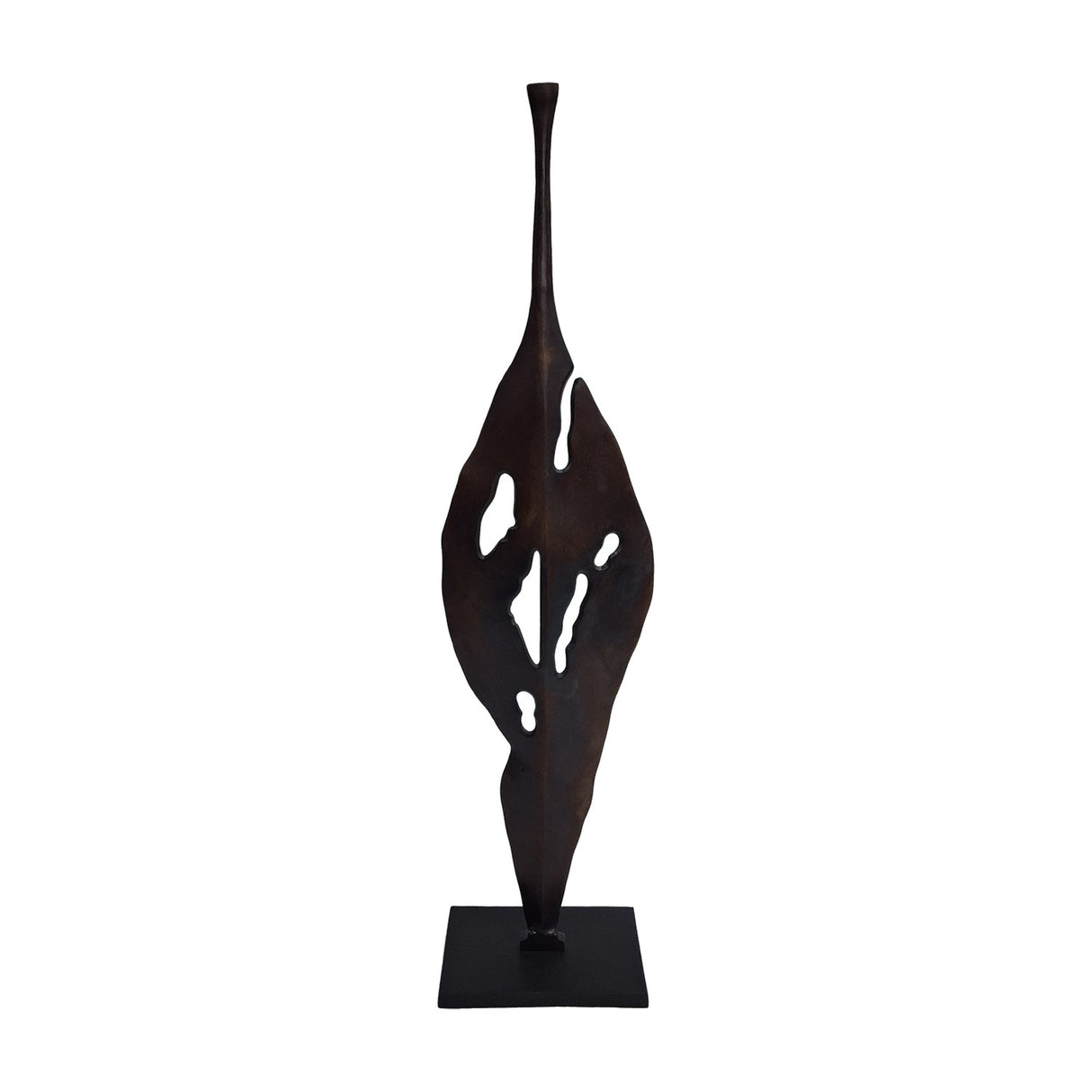 Libra Interiors Twisting Leaf tall aluminium sculpture in bronze finish, with a slender stem and organic cut-out leaf form on a square base.