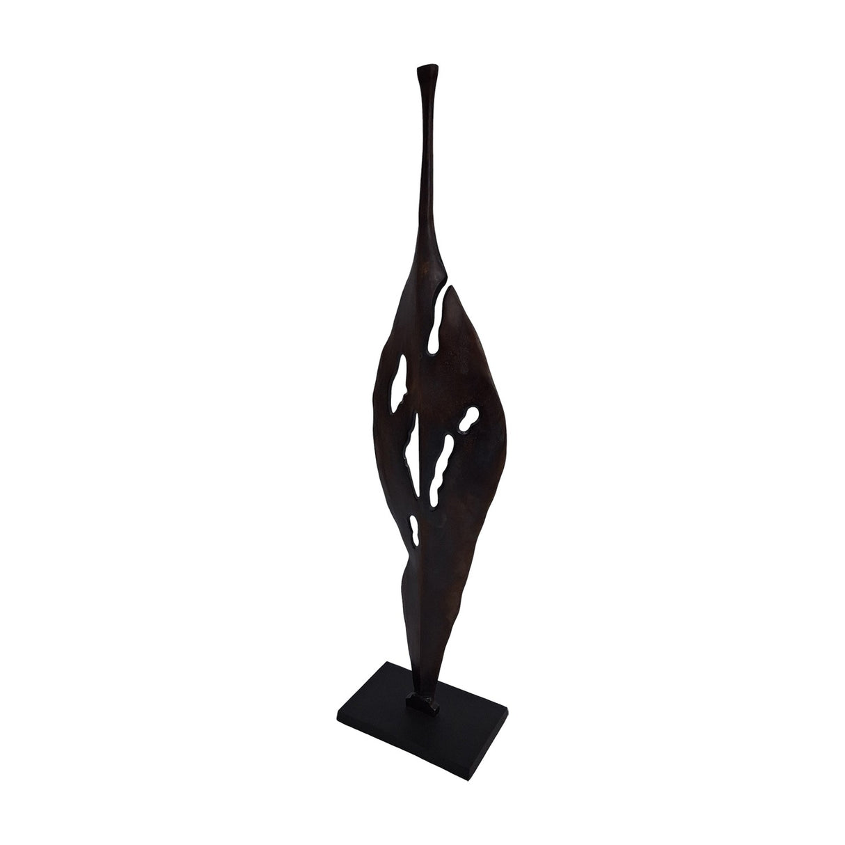 Libra Interiors Twisting Leaf tall aluminium abstract sculpture in bronze with organic cut-outs and slender stem on a square base, shown on white.