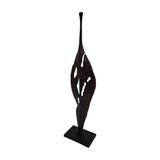 Libra Interiors Twisting Leaf tall aluminium abstract sculpture in bronze with organic cut-outs and slender stem on a square base, shown on white.