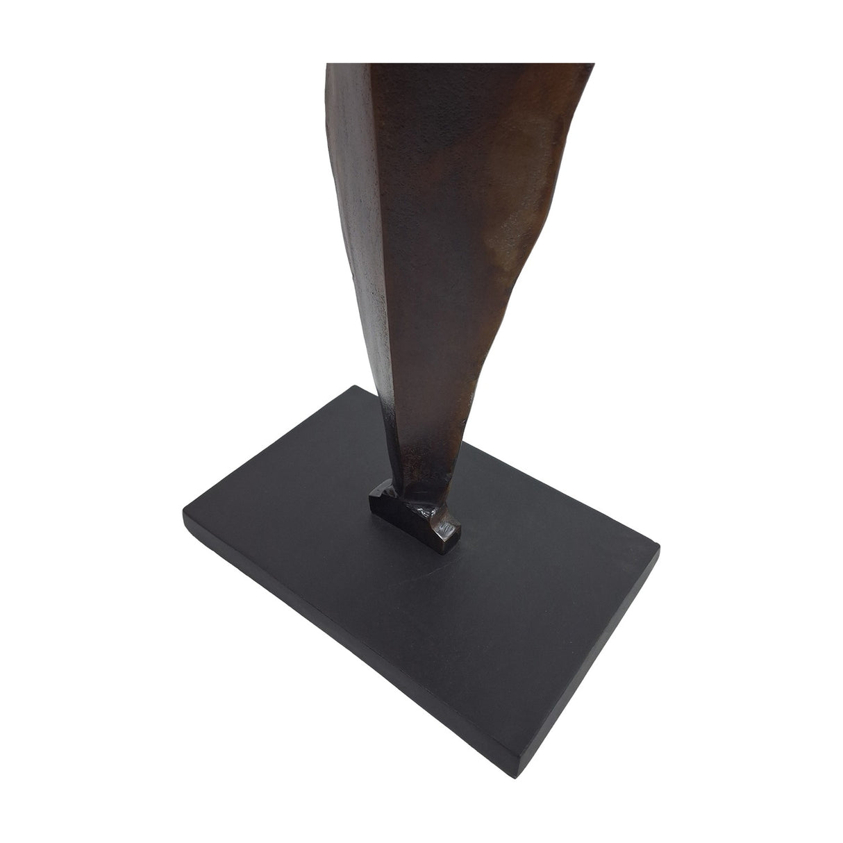 Close-up of the Libra Interiors Twisting Leaf aluminium sculpture base, showing the tapered bronze stem fixed to a flat square matte black plinth.