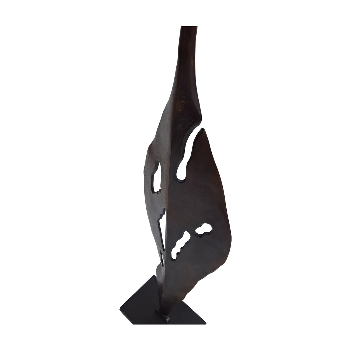 Libra Interiors Twisting Leaf tall aluminium abstract sculpture in bronze finish with organic cut-outs and raw-cast texture on a square base.