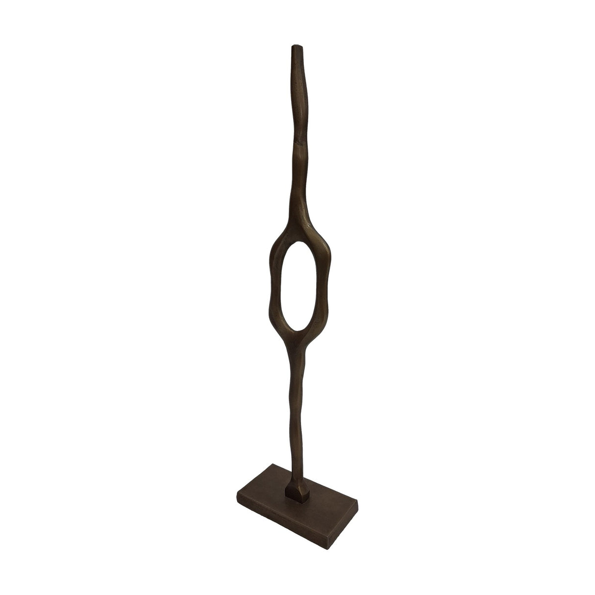 Libra Interiors Cast Aluminium Abstract Sculpture in brass, tall organic form with open oval loop on a rectangular base, shown on a plain white background.