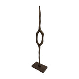 Libra Interiors Cast Aluminium Abstract Sculpture in brass, tall organic form with open oval loop on a rectangular base, shown on a plain white background.