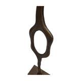Libra Interiors Cast Aluminium Abstract Sculpture in brass, close-up of the organic looped form on its square base against a white background.