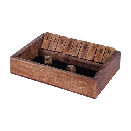 Libra Interiors Mango Wood Numbered Shut the Box Game with nine flip tiles numbered 1 to 9 and two wooden dice in a brown wooden frame.