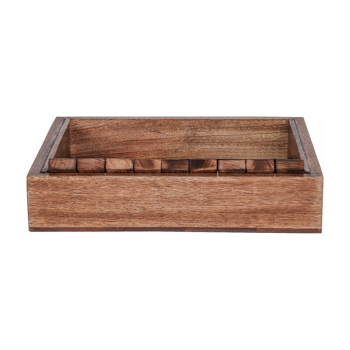 Libra Interiors Mango Wood Numbered Shut the Box Game shown from the side with nine flip tiles in an acacia frame, on a plain white background.