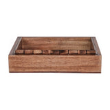 Libra Interiors Mango Wood Numbered Shut the Box Game shown from the side with nine flip tiles in an acacia frame, on a plain white background.
