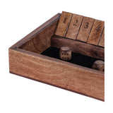 Close-up of Libra Interiors Mango Wood Numbered Shut the Box Game showing flip tiles numbered 1 to 4 and two wooden dice in the felt-lined base.