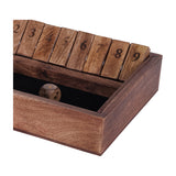 Libra Interiors Mango Wood Numbered Shut the Box game shown in close-up with flipped numbered tiles and a wooden dice inside the felt-lined base.