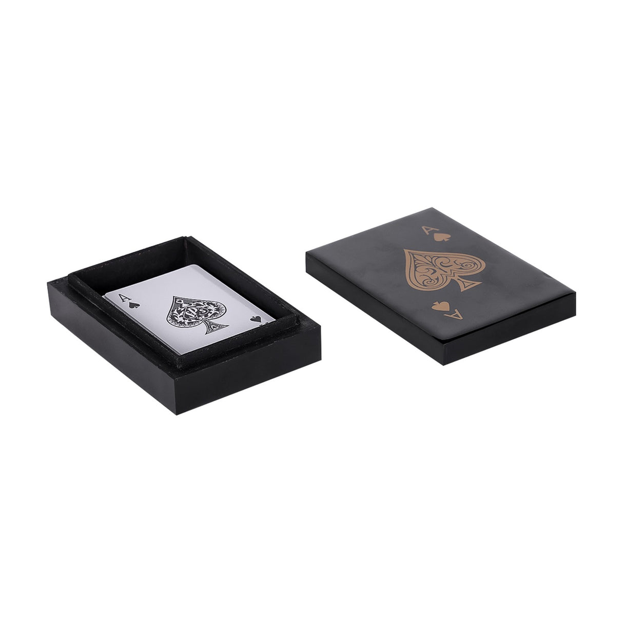 Libra Interiors Ace of Spades black resin card game box shown open with deck inside and lid beside it, gold spade motif on lacquered lid.