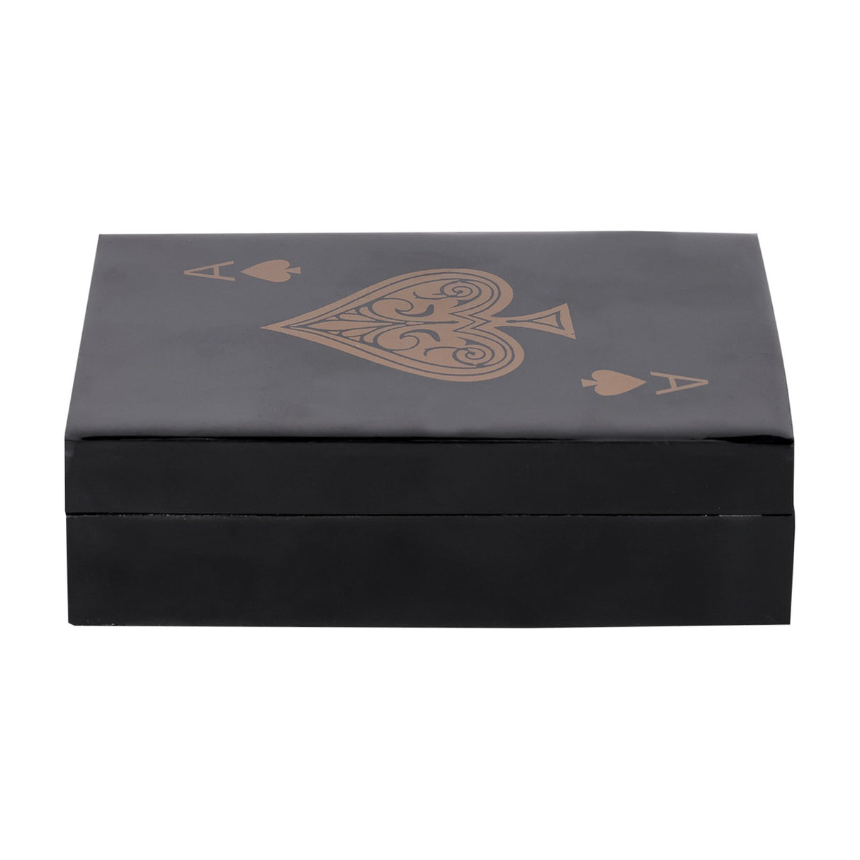 Libra Interiors Ace of Spades card game box in black lacquered resin with gold spade motif on the hinged lid, shown against a white background.