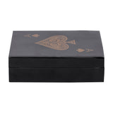Libra Interiors Ace of Spades card game box in black lacquered resin with gold spade motif on the hinged lid, shown against a white background.