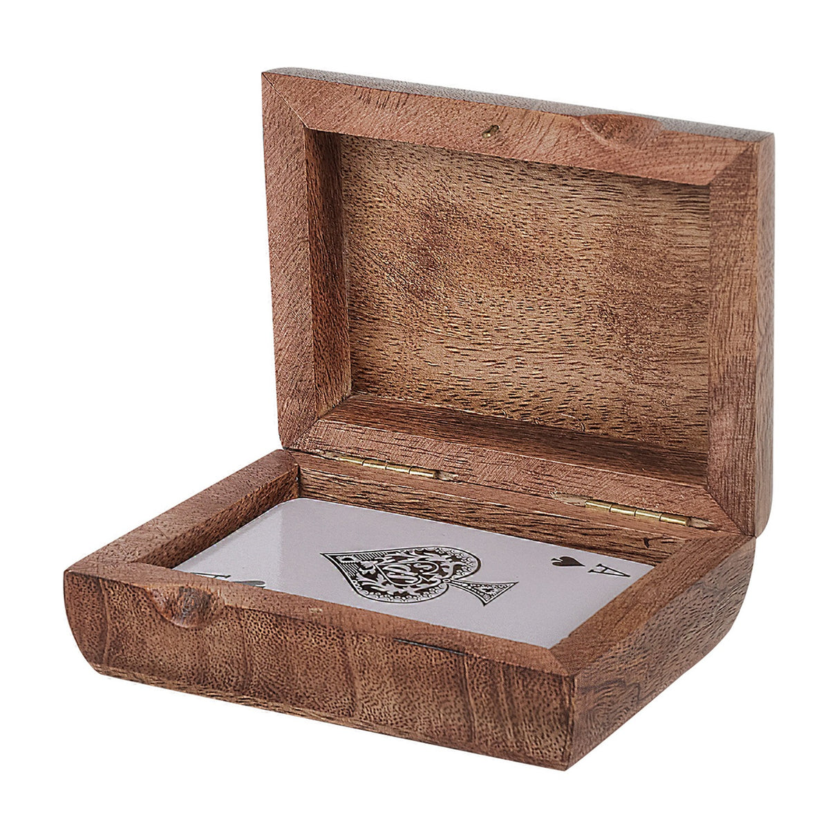 Libra Interiors Mango Wood Brass Inlay Card Game box shown open on a white background, revealing brass hinges and an ace of spades playing card inside.