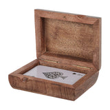 Libra Interiors Mango Wood Brass Inlay Card Game box shown open on a white background, revealing brass hinges and an ace of spades playing card inside.