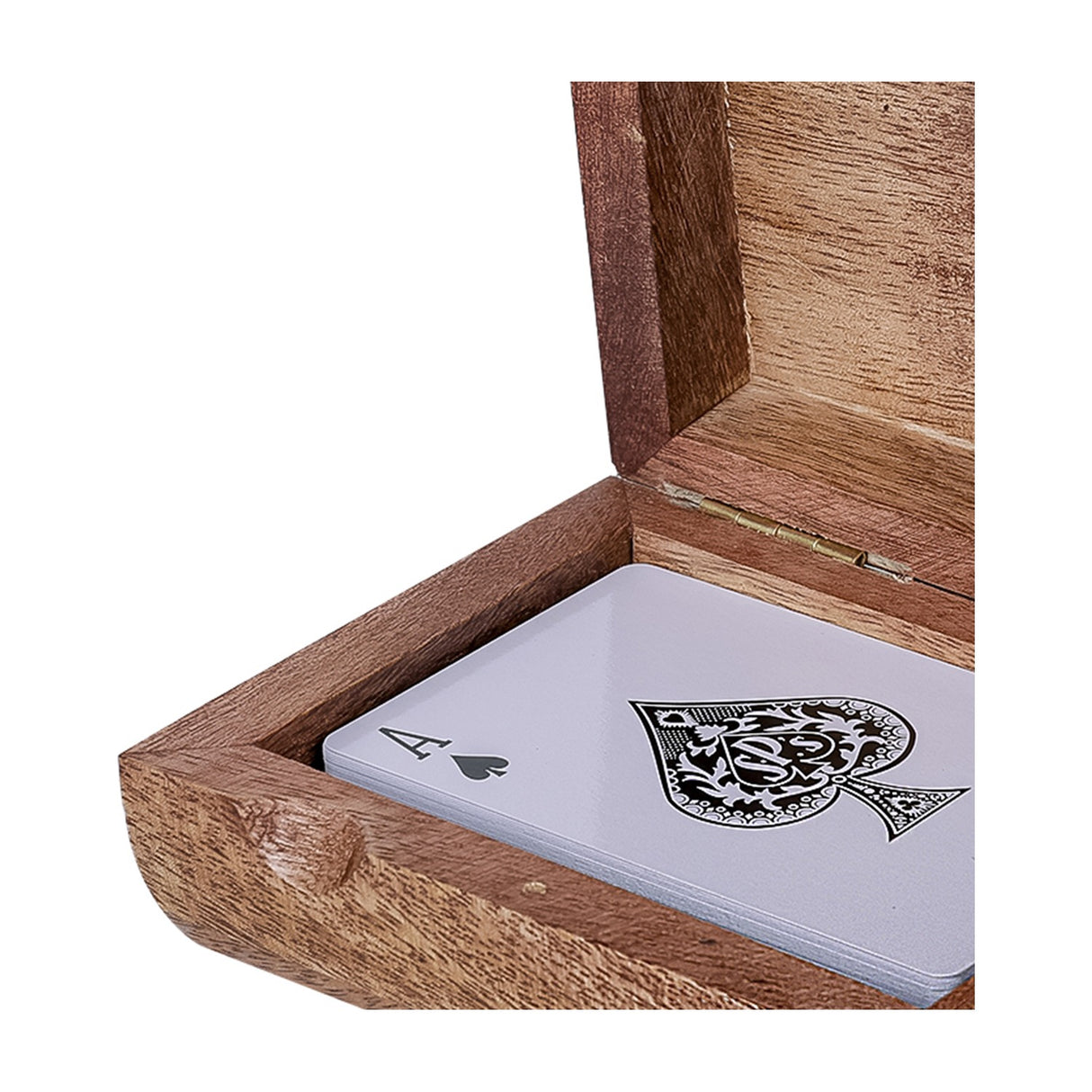 Libra Interiors Mango Wood Brass Inlay card game box open to show a stack of playing cards with the Ace of Spades on top inside the wooden base.