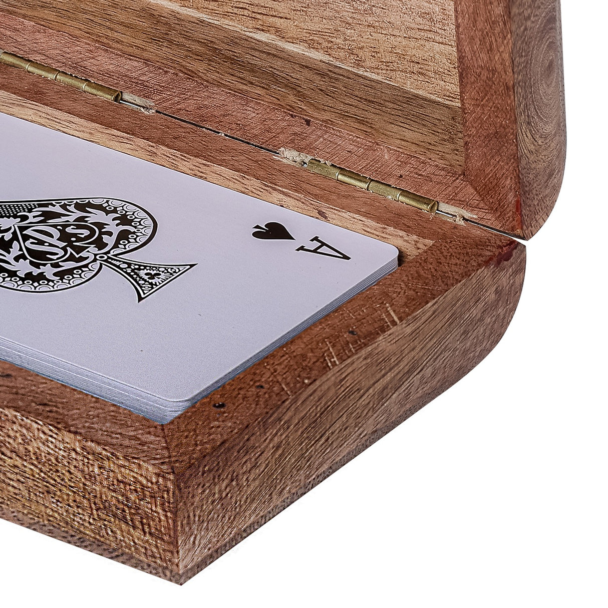 Close-up of the Libra Interiors Mango Wood Brass Inlay Card Game box open at the hinge, showing an Ace of Spades card resting inside the warm brown wood.