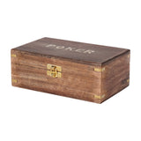 Libra Interiors Mango Wood Brass-Inlay Poker Game box with carved POKER lid, brass clasp and corner joints, shown closed on a plain white background.