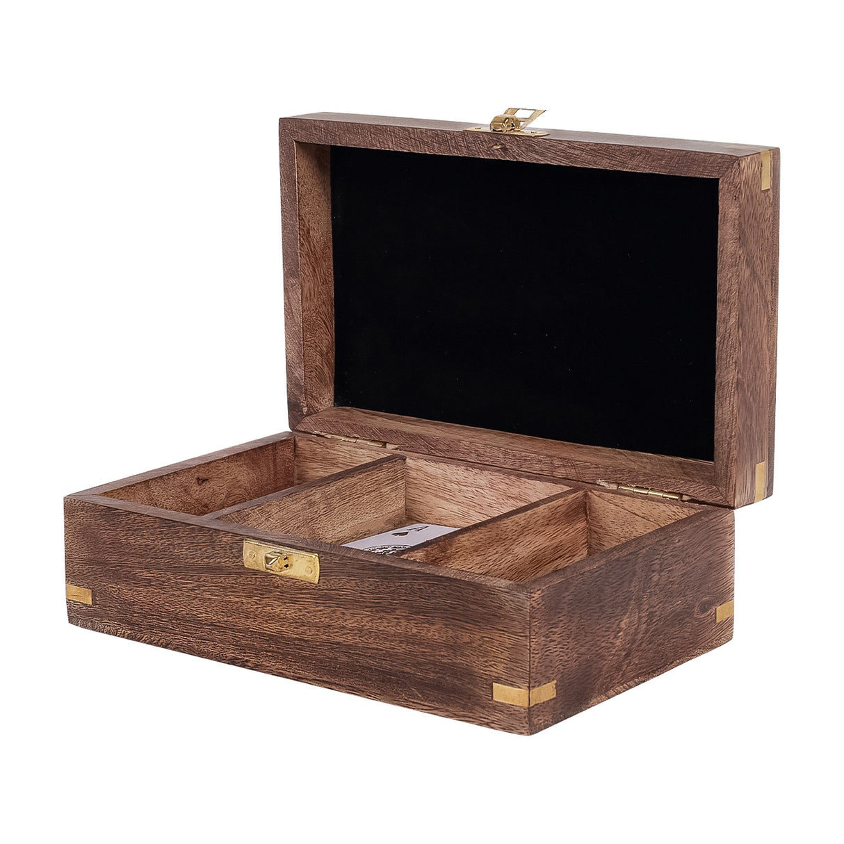 Open Libra Interiors Mango Wood Brass-Inlay Poker box showing three compartments, black velvet-lined lid, and brass clasp and corner joints.