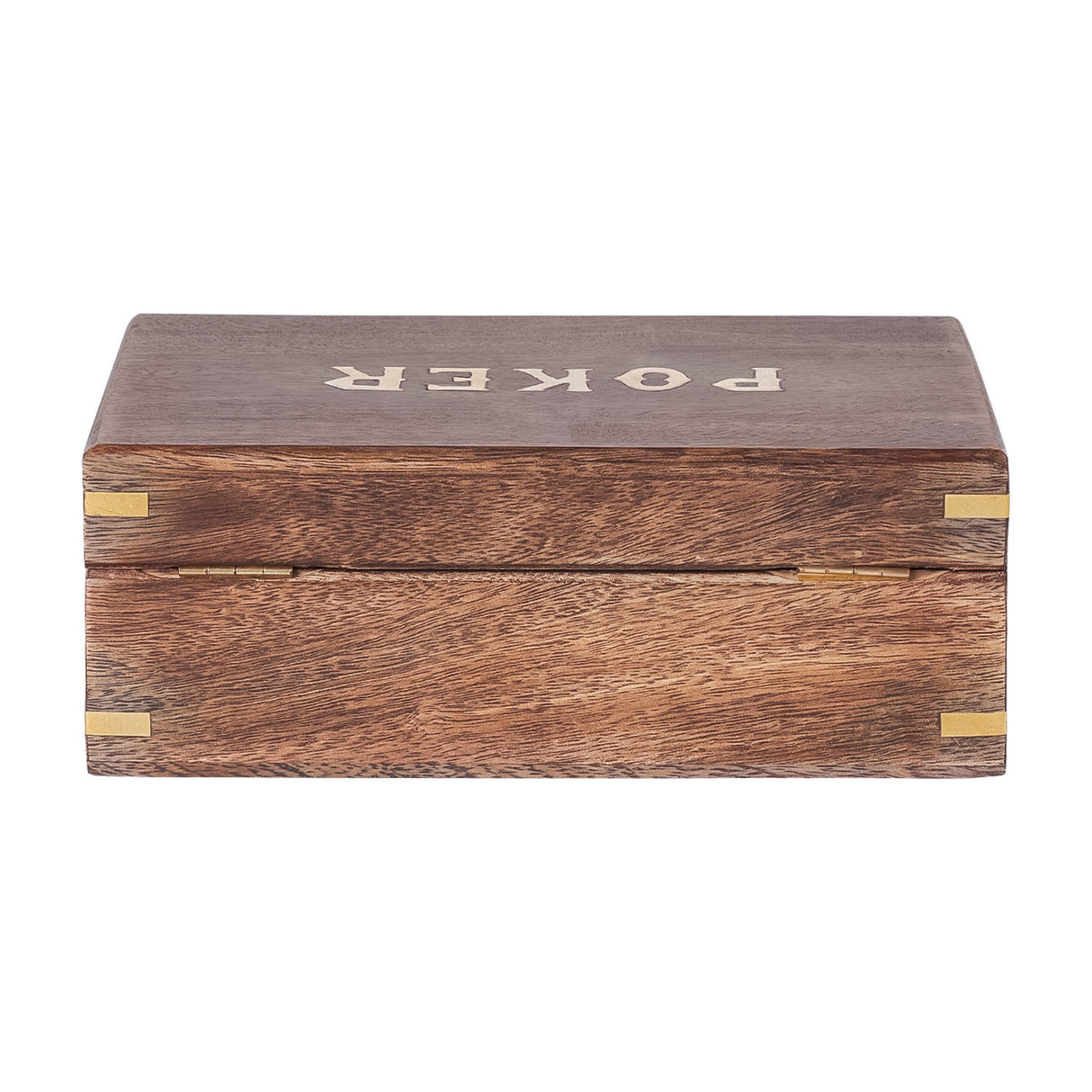 Libra Interiors Mango Wood Brass-Inlay Poker Game box shown closed from the side, with brass corner joints, hinge detail, and carved POKER lettering on the lid.
