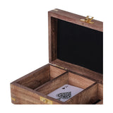Open Libra Interiors Mango Wood Brass-Inlay Poker box showing brass clasp, hinged lid and velvet-lined compartments holding an ace of spades card.