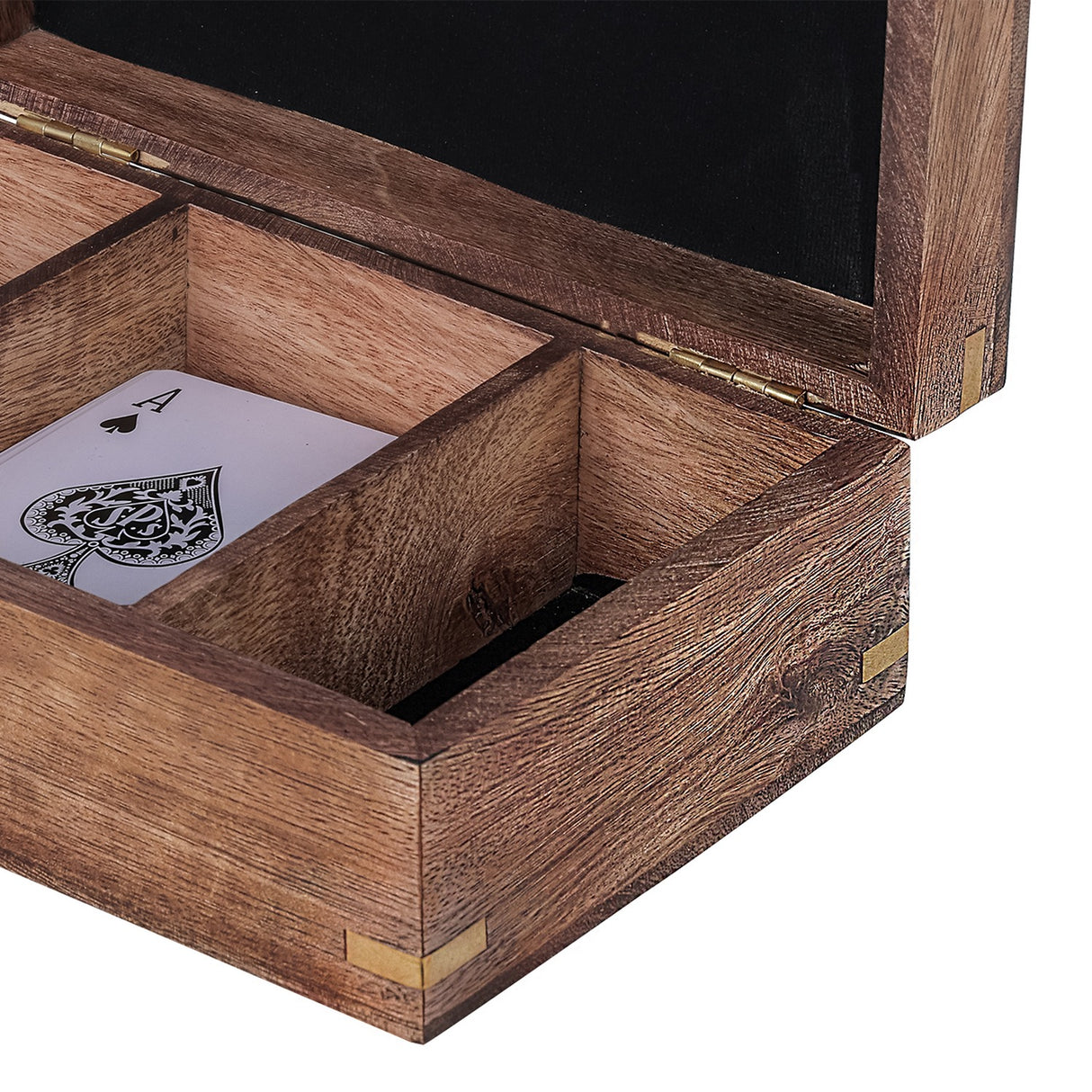 Open Libra Interiors Mango Wood Brass-Inlay Poker box showing velvet-lined compartments, an ace of spades card inside, and brass corner joints.