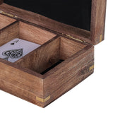 Open Libra Interiors Mango Wood Brass-Inlay Poker box showing velvet-lined compartments, an ace of spades card inside, and brass corner joints.