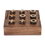 Libra Interiors Mango Wood Noughts and Crosses and Solitaire Game in brown, a square wooden tray with brass-topped cross and ring playing pieces.