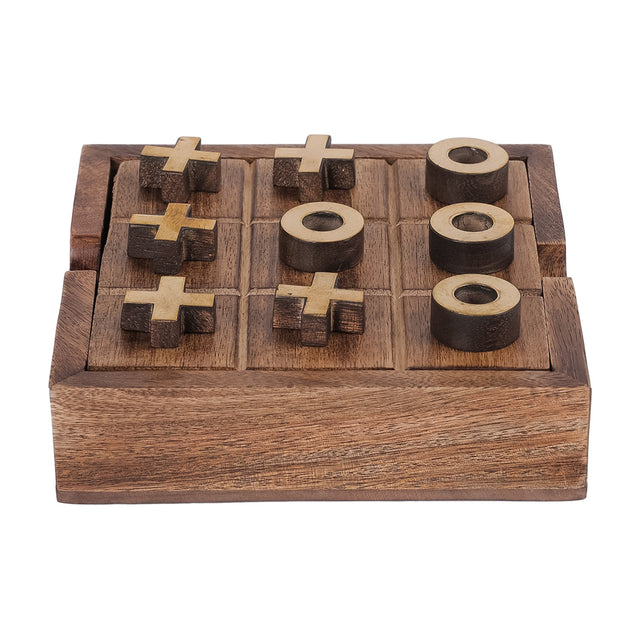 Libra Interiors Mango Wood Noughts and Crosses and Solitaire Game in brown, a square wooden tray with brass-topped cross and ring playing pieces.