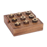 Libra Interiors Mango Wood Noughts and Crosses and Solitaire Game in brown with brass-topped cross and ring pieces on a square wooden tray board.