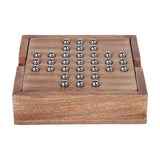 Libra Interiors mango wood solitaire game with brass-topped pegs arranged on a square wooden board tray, shown on a plain white background.