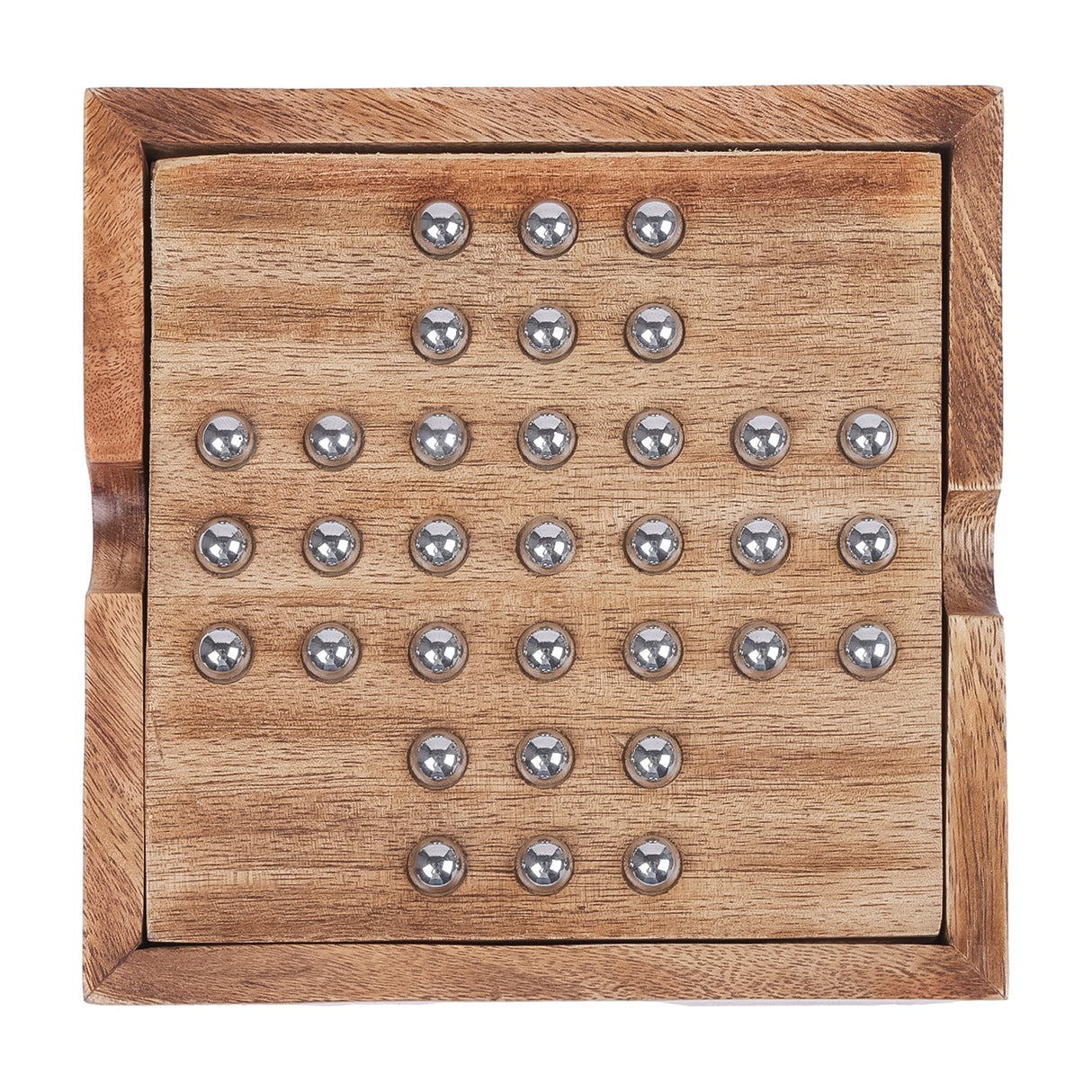 Libra Interiors mango wood solitaire board with brass-topped pegs arranged in a cross pattern, shown from above on a plain background.