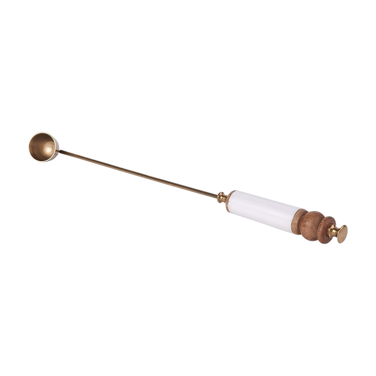 Libra Interiors Brass and Bone Inlay Candle Snuffer with bell-shaped antique brass cup, slim rod, white bone inlay handle and turned mango wood detailing.