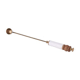 Libra Interiors Brass and Bone Inlay Candle Snuffer with bell-shaped antique brass cup, slim rod, white bone inlay handle and turned mango wood detailing.