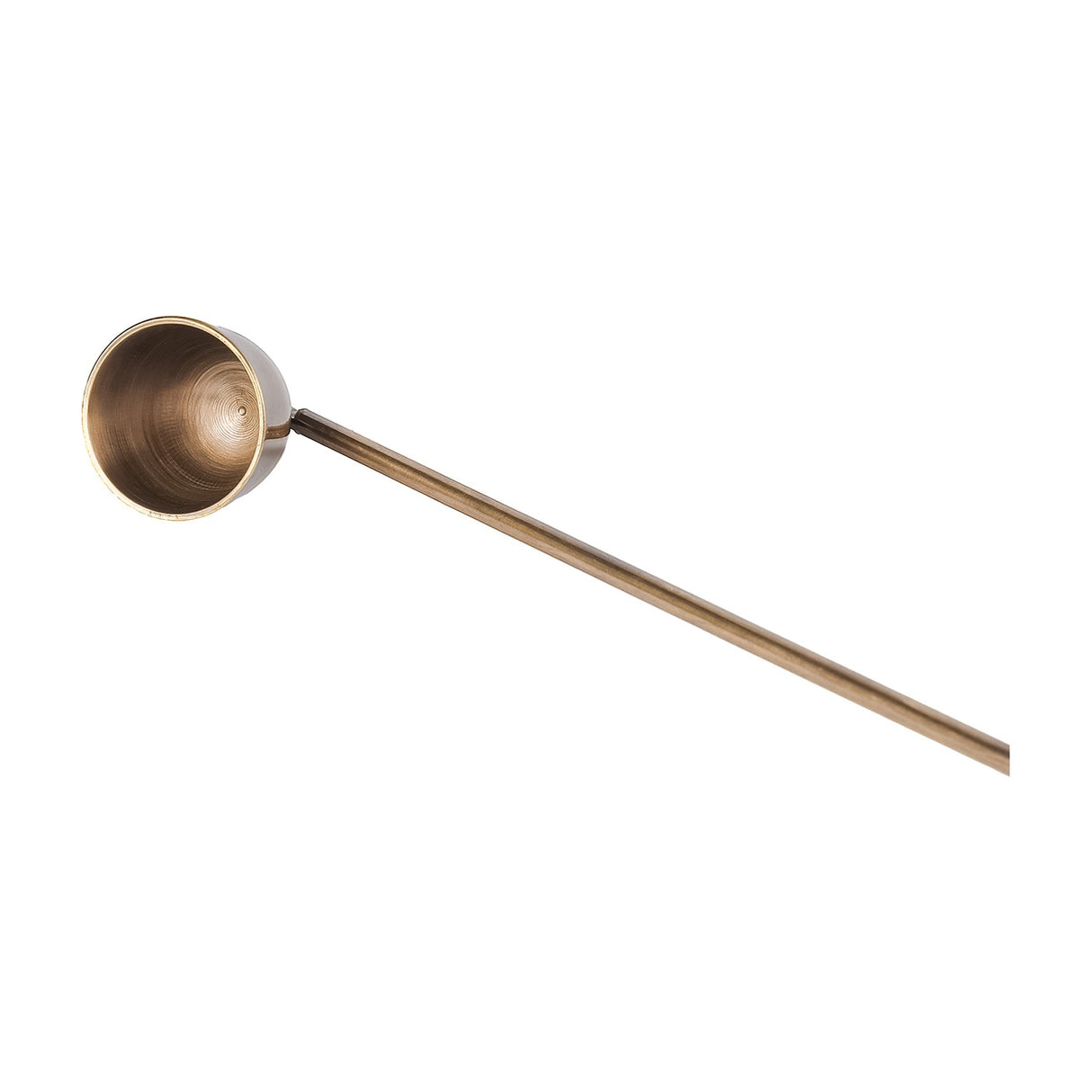Libra Interiors Brass and Bone Inlay Candle Snuffer with a small bell-shaped antique brass cup on a slim rod, shown against a plain white background.