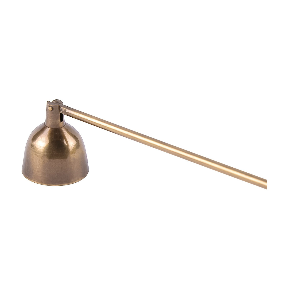 Libra Interiors Brass and Bone Inlay Candle Snuffer with a bell-shaped antique brass cup and slim gold-toned handle, shown against a plain white background.