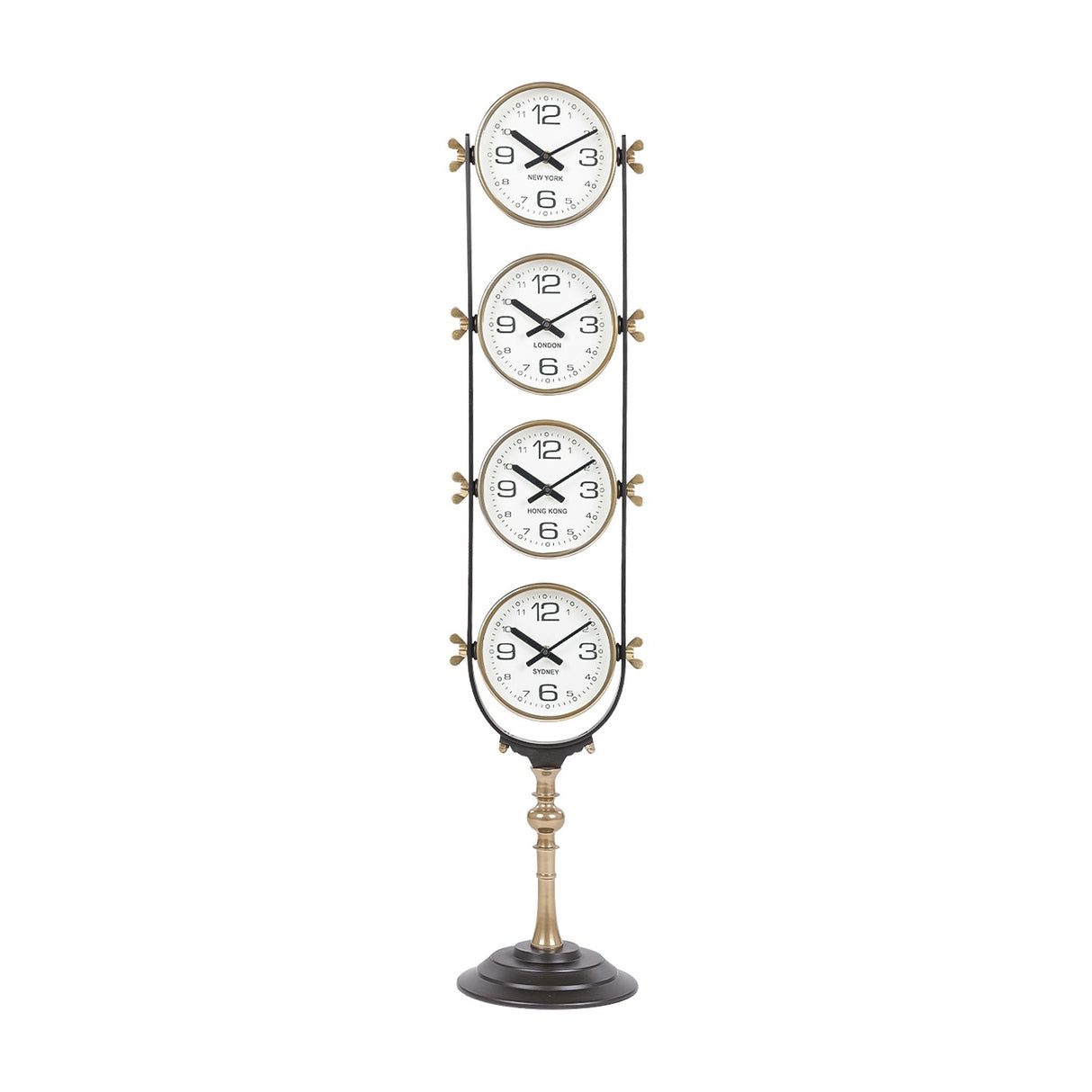 Libra Interiors Brushed Brass Four-Dial World City Floor Clock with vertically stacked New York, London, Hong Kong and Sydney dials on a pedestal base.