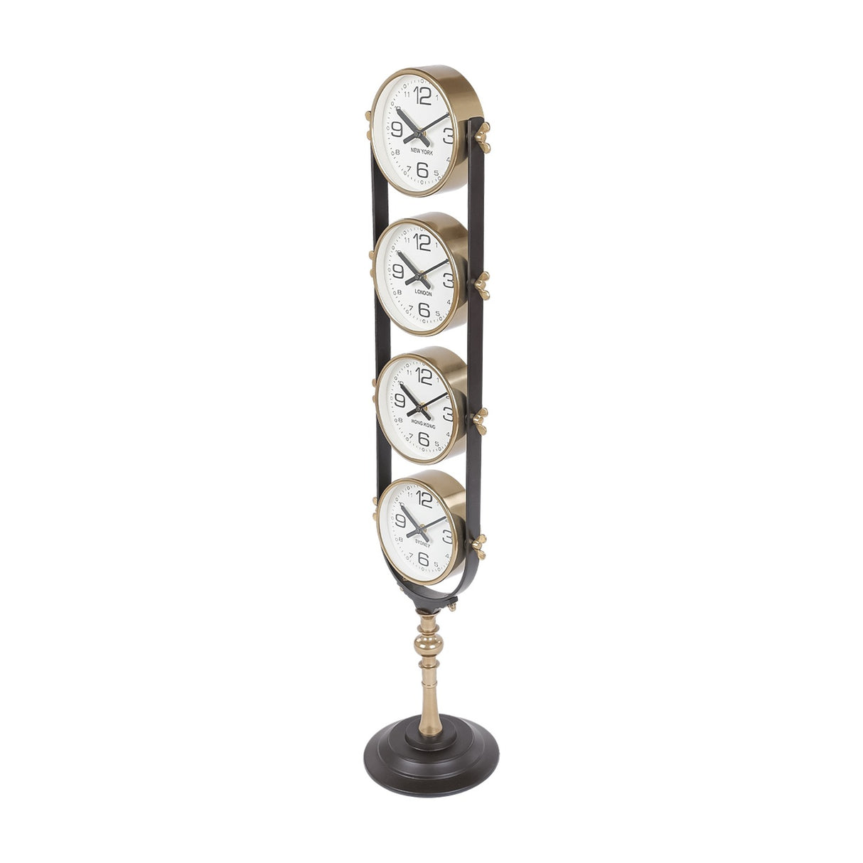 Libra Interiors Brushed Brass Four-Dial World City Floor Clock with vertically stacked New York, London, Hong Kong and Sydney dials on a pedestal base.