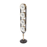 Libra Interiors Brushed Brass Four-Dial World City Floor Clock with vertically stacked New York, London, Hong Kong and Sydney dials on a pedestal base.