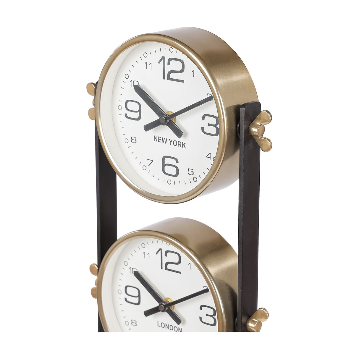 Close-up of Libra Interiors Brushed Brass Four-Dial World City Floor Clock showing the New York and London dials in brass surrounds on a matt black frame.