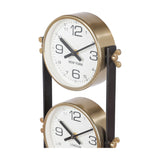 Close-up of Libra Interiors Brushed Brass Four-Dial World City Floor Clock showing the New York and London dials in brass surrounds on a matt black frame.