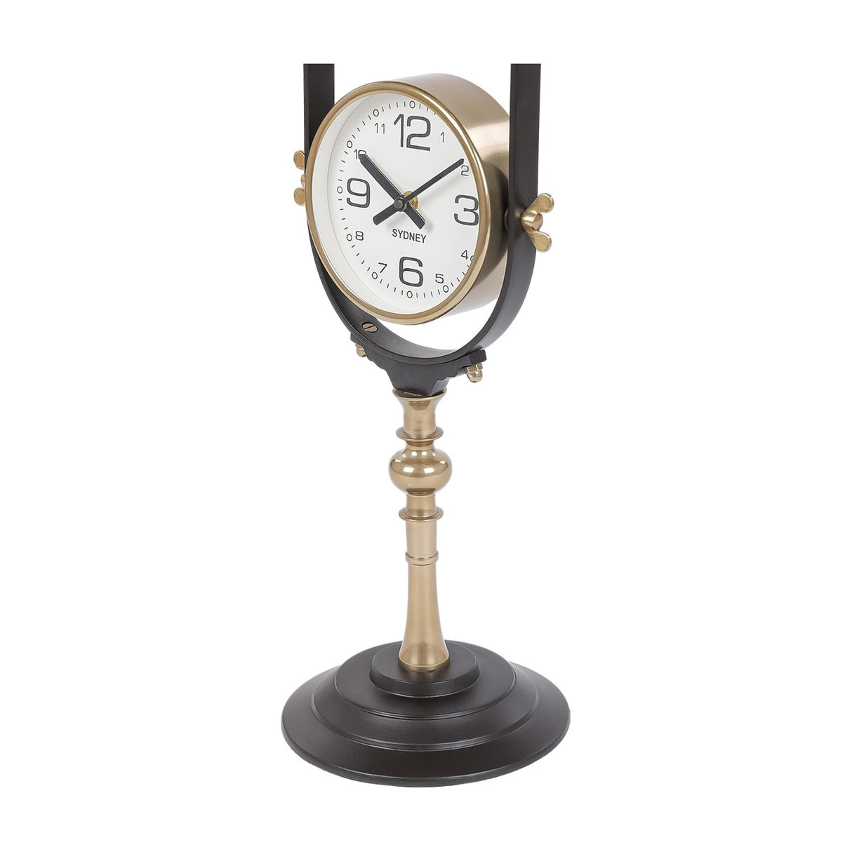Libra Interiors brushed brass floor clock dial showing the Sydney time zone, framed in a gold surround on a sculpted pedestal with black base.