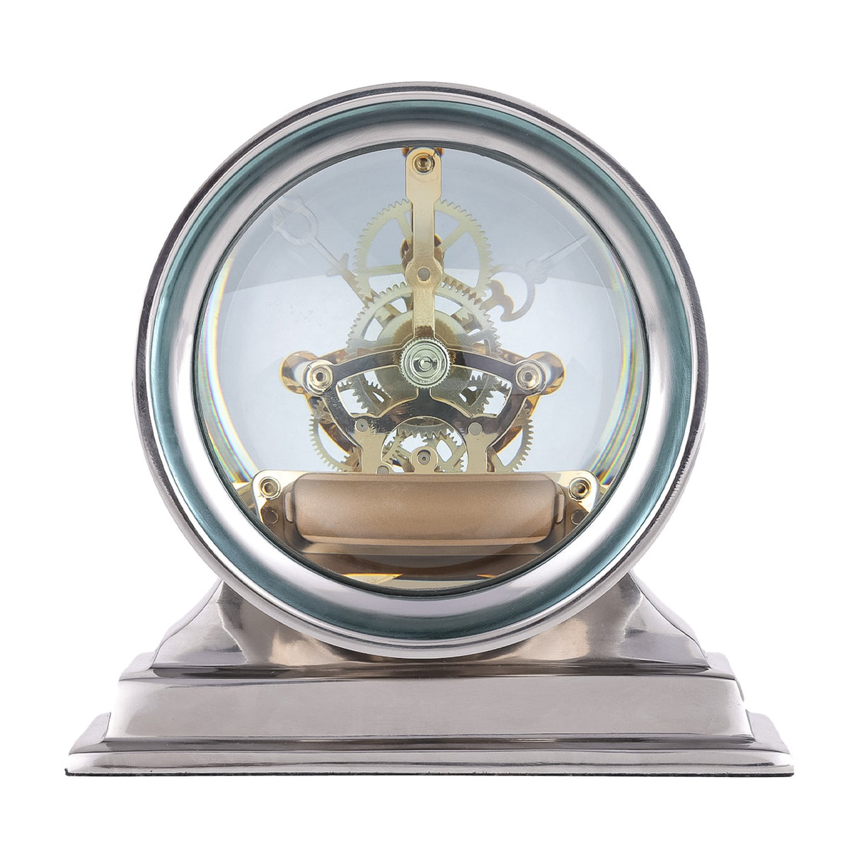 Libra Interiors Skeleton mantel clock with exposed brass cogs behind a domed glass lens, set in a round polished nickel case on a stepped base.