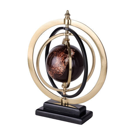 Libra Interiors Marble-Effect Brass Ring Armillary Globe with brown swirled resin orb, gold and black rotating rings on a stepped black stone base.