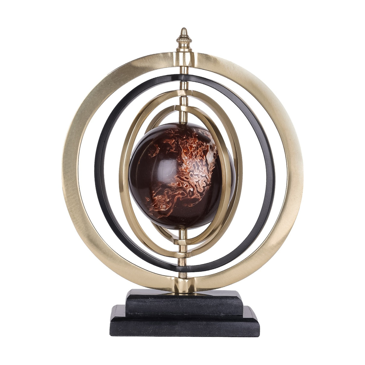 Libra Interiors Marble-Effect Brass Ring Armillary Globe with brown swirled resin orb, brass and black concentric rings, and stepped stone base.