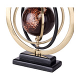 Libra Interiors Marble-Effect Brass Ring Armillary Globe with brown swirled resin orb, gold and black concentric rings, on a stepped black stone base.