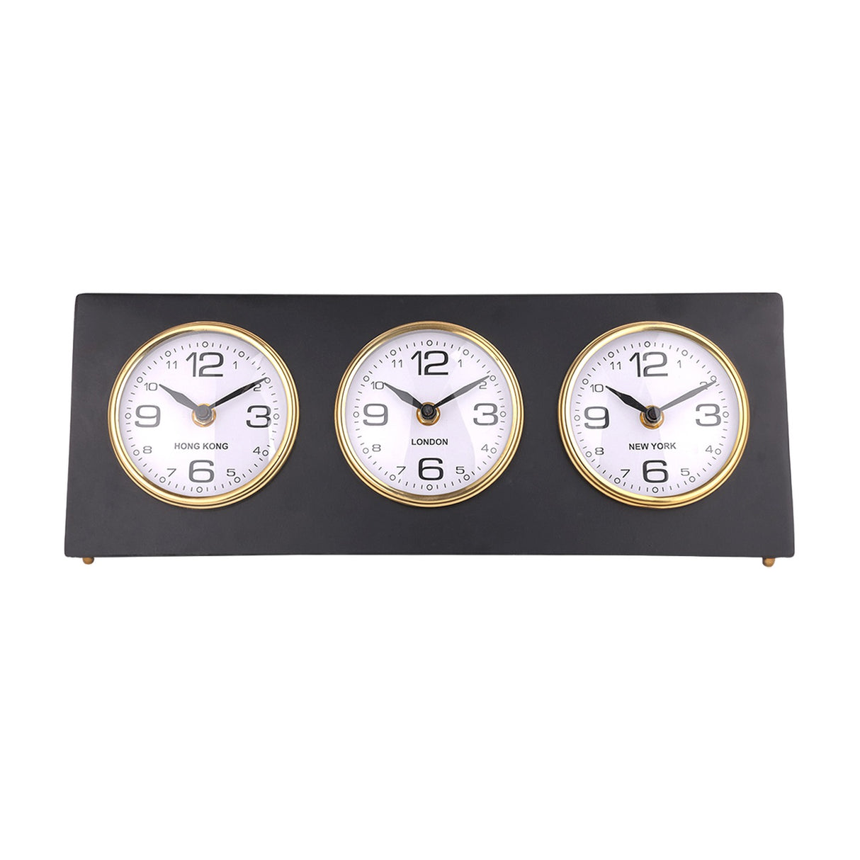 Libra Interiors Matt Black Three Dial Mantel Clock with Hong Kong, London and New York dials in gold bezels on a steel frame with small gold feet.