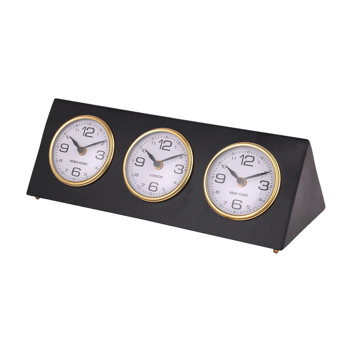 Libra Interiors Matt Black Three Dial Mantel Clock with Hong Kong, London and New York dials in gold bezels on a steel triangular frame with gold feet.