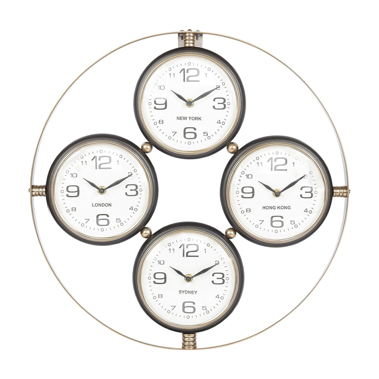 Libra Interiors Brushed Brass 4-Dial World City Wall Clock with London, New York, Hong Kong and Sydney dials in an open circular frame.